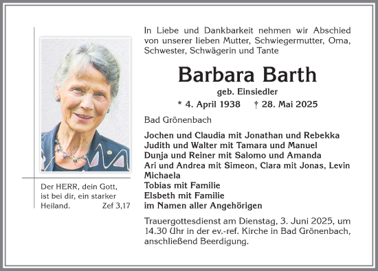 Traueranzeige von Barbara Barth von Memminger Zeitung