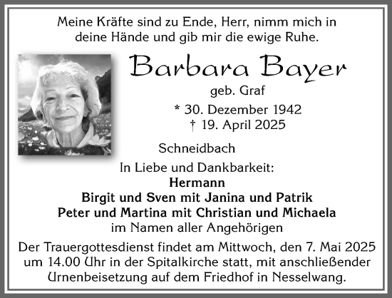 Traueranzeige von Barbara Bayer von Allgäuer Zeitung, Füssen