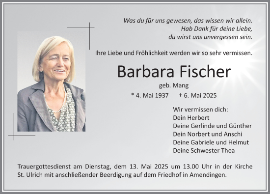 Traueranzeige von Barbara Fischer von Memminger Zeitung