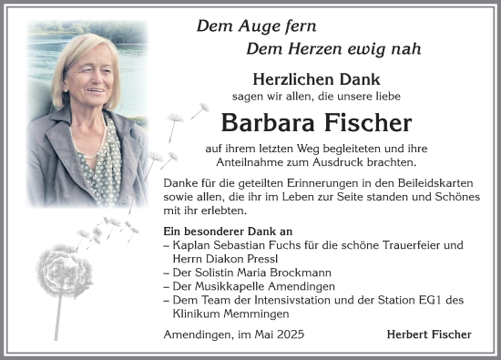 Traueranzeige von Barbara Fischer von Memminger Zeitung