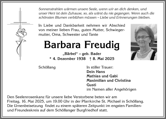 Traueranzeige von Barbara Freudig von Allgäuer Anzeigeblatt