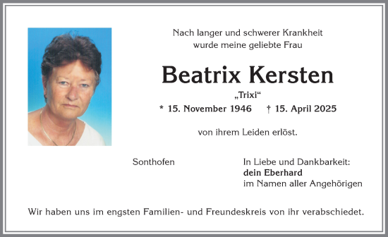 Traueranzeige von Beatrix Kersten von Allgäuer Anzeigeblatt