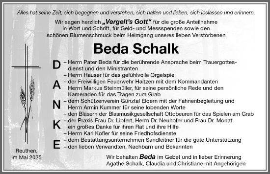 Traueranzeige von Beda Schalk von Memminger Zeitung