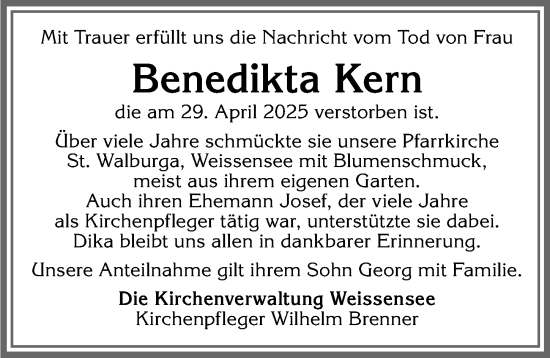 Traueranzeige von Benedikta Kern von Allgäuer Zeitung, Füssen