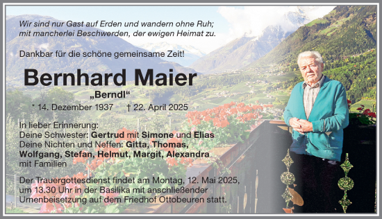 Traueranzeige von Bernhard Maier von Memminger Zeitung