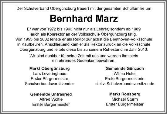 Traueranzeige von Bernhard Marz von Allgäuer Zeitung, Marktoberdorf