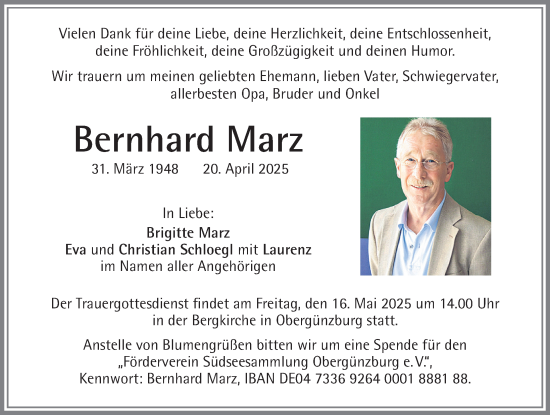 Traueranzeige von Bernhard Marz von Allgäuer Zeitung, Marktoberdorf