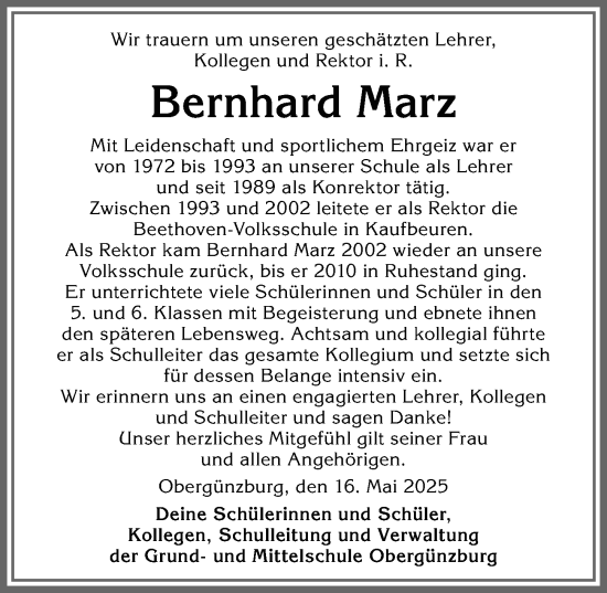 Traueranzeige von Bernhard Marz von Allgäuer Zeitung, Marktoberdorf