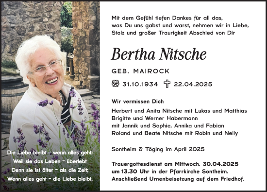 Traueranzeige von Bertha Nitsche von Memminger Zeitung