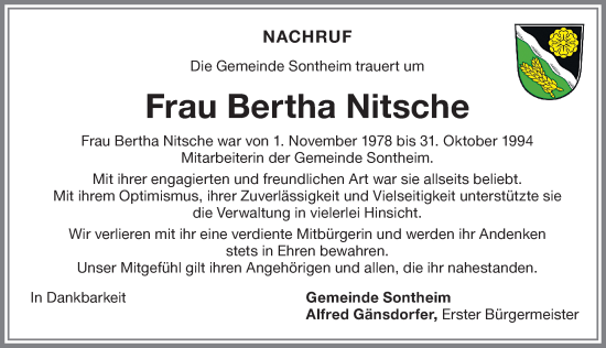 Traueranzeige von Bertha Nitsche von Memminger Zeitung