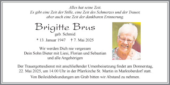 Traueranzeige von Brigitte Brus von Allgäuer Zeitung, Marktoberdorf