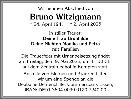Traueranzeige von Bruno Witzigmann von Allgäuer Zeitung,Kempten