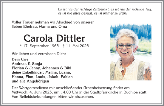 Traueranzeige von Carola Dittler von Allgäuer Zeitung, Kaufbeuren/Buchloe
