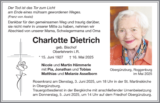Traueranzeige von Charlotte Dietrich von Allgäuer Zeitung, Marktoberdorf