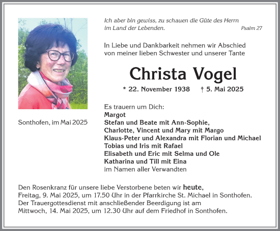 Traueranzeige von Christa Vogel von Allgäuer Anzeigeblatt