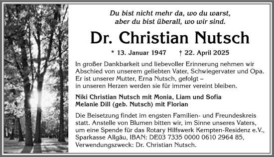 Traueranzeige von Christian Nutsch von Allgäuer Zeitung,Kempten