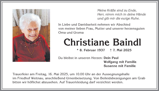Traueranzeige von Christiane Baindl von Allgäuer Zeitung,Kempten