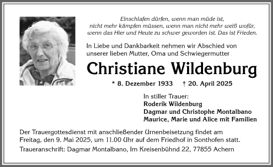 Traueranzeige von Christiane Wildenburg von Allgäuer Anzeigeblatt