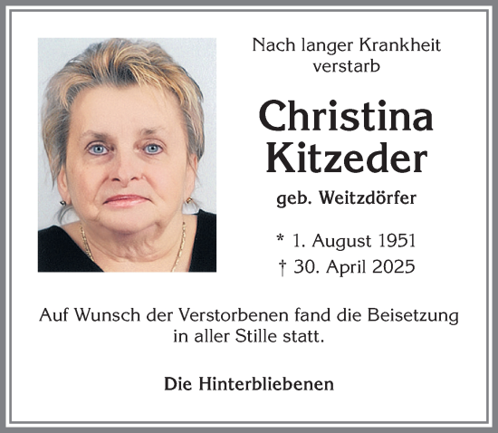 Traueranzeige von Christina Kitzeder von Allgäuer Zeitung,Kempten