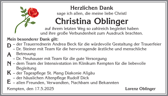 Traueranzeige von Christina Oblinger von Allgäuer Zeitung,Kempten