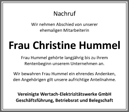 Traueranzeige von Christine Hummel von Allgäuer Zeitung, Kaufbeuren/Buchloe
