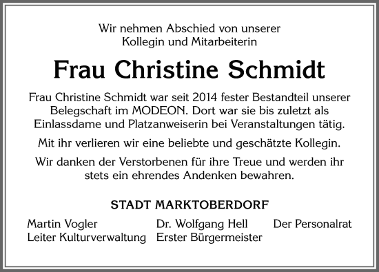 Traueranzeige von Christine Schmidt von Allgäuer Zeitung, Marktoberdorf