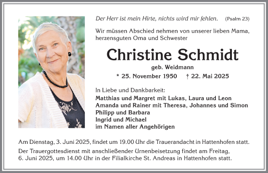 Traueranzeige von Christine Schmidt von Allgäuer Zeitung, Marktoberdorf