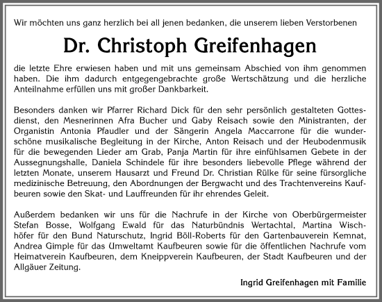 Traueranzeige von Christoph Greifenhagen von Allgäuer Zeitung, Kaufbeuren/Buchloe
