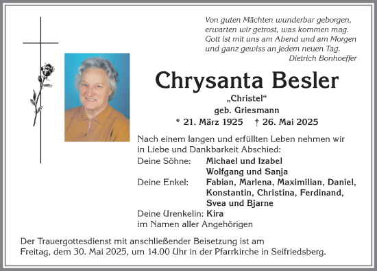 Traueranzeige von Chrysanta Besler von Allgäuer Anzeigeblatt
