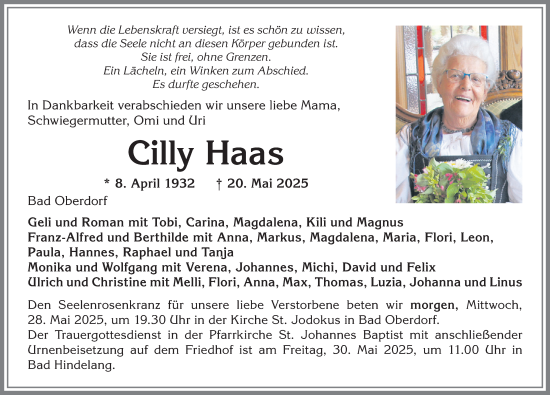 Traueranzeige von Cilly Haas von Allgäuer Anzeigeblatt