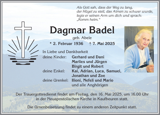 Traueranzeige von Dagmar Badel von Allgäuer Zeitung, Kaufbeuren/Buchloe