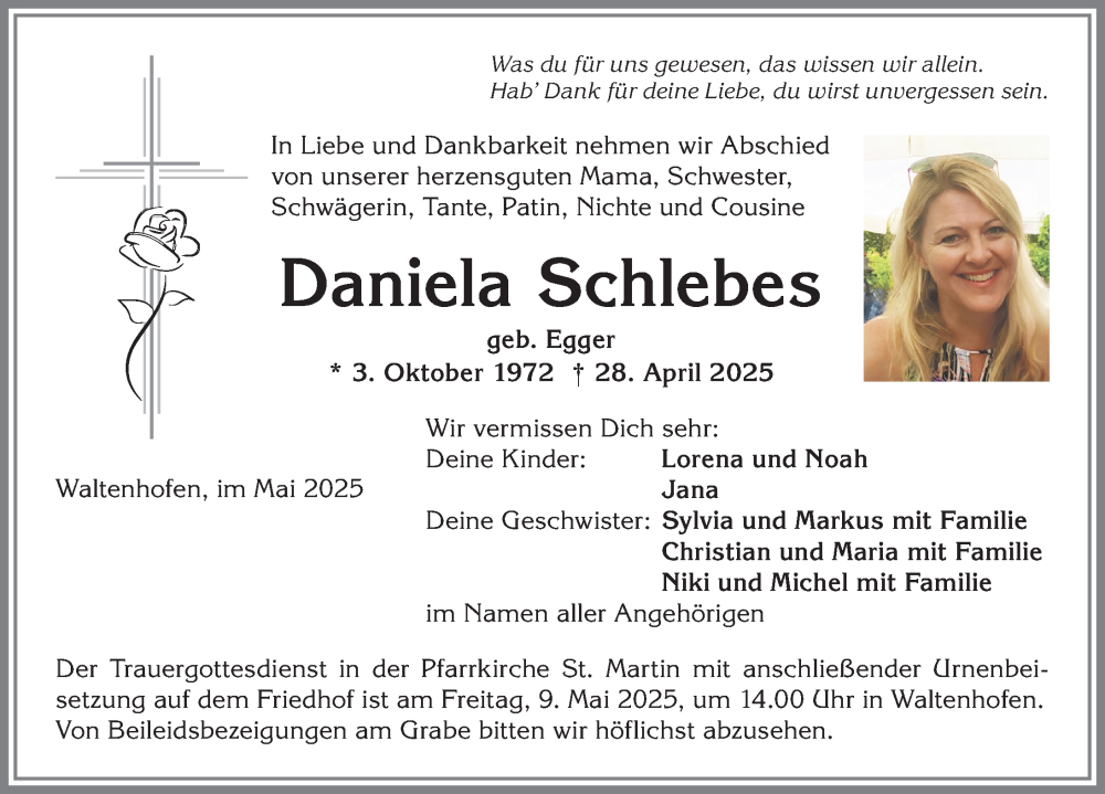  Traueranzeige für Daniela Schlebes vom 07.05.2025 aus Allgäuer Zeitung,Kempten