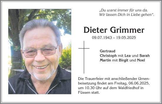 Traueranzeige von Dieter Grimmer von Allgäuer Zeitung, Füssen