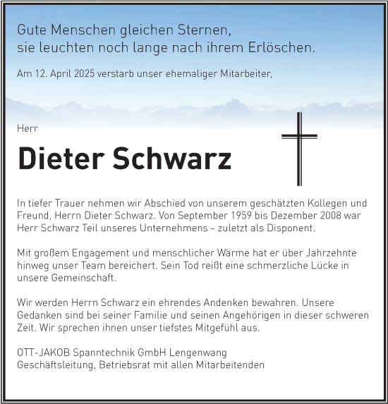 Traueranzeige von Dieter Schwarz von Allgäuer Zeitung,Kempten