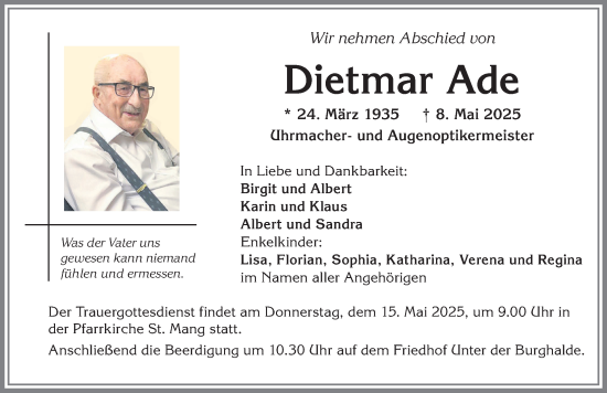 Traueranzeige von Dietmar Ade von Allgäuer Zeitung,Kempten
