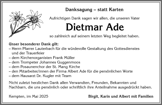 Traueranzeige von Dietmar Ade von Allgäuer Zeitung,Kempten