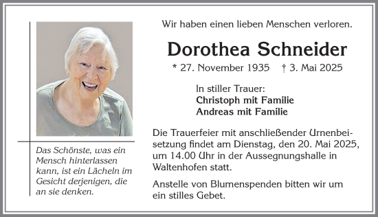 Traueranzeige von Dorothea Schneider von Allgäuer Zeitung,Kempten