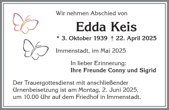 Traueranzeige von Edda Keis von Allgäuer Anzeigeblatt