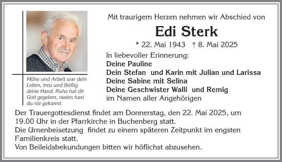 Traueranzeige von Edi Sterk von Allgäuer Zeitung,Kempten