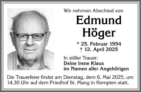 Traueranzeige von Edmund Höger von Allgäuer Zeitung,Kempten