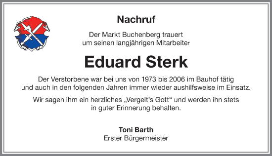 Traueranzeige von Eduard Sterk von Allgäuer Zeitung,Kempten