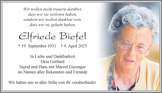 Traueranzeige von Elfriede Biefel von Allgäuer Zeitung, Füssen