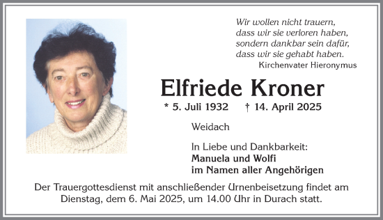 Traueranzeige von Elfriede Kroner von Allgäuer Zeitung,Kempten