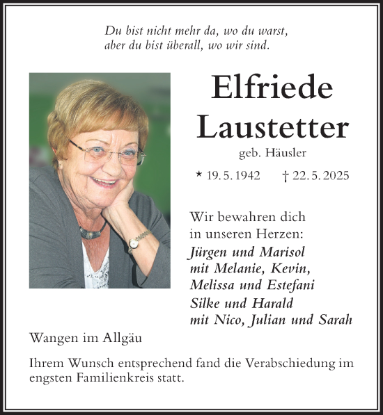 Traueranzeige von Elfriede Laustetter von Der Westallgäuer