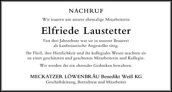 Traueranzeige von Elfriede Laustetter von Der Westallgäuer