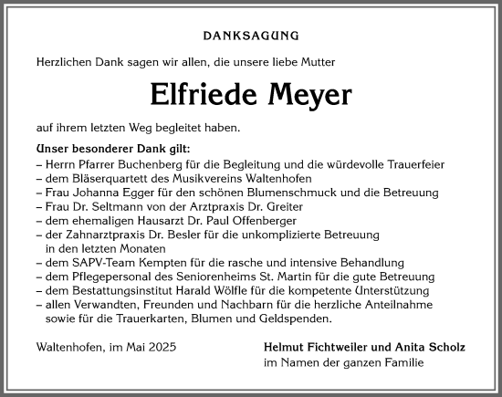 Traueranzeige von Elfriede Meyer von Allgäuer Anzeigeblatt