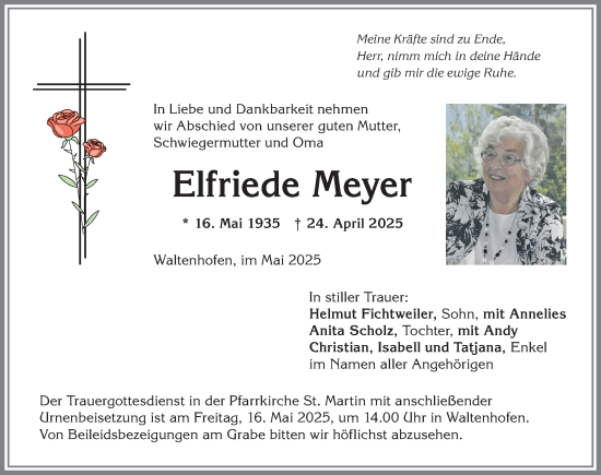 Traueranzeige von Elfriede Meyer von Allgäuer Zeitung,Kempten