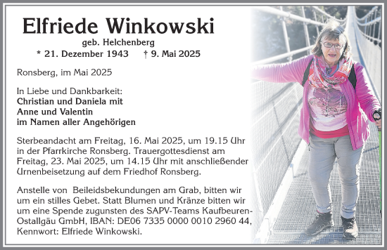 Traueranzeige von Elfriede Winkowski von Allgäuer Zeitung, Marktoberdorf