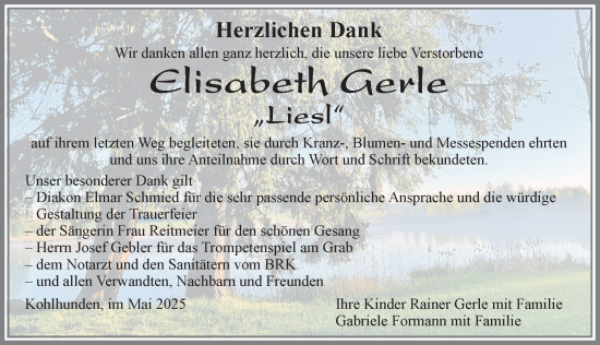 Traueranzeige von Elisabeth Gerle von Allgäuer Zeitung, Marktoberdorf
