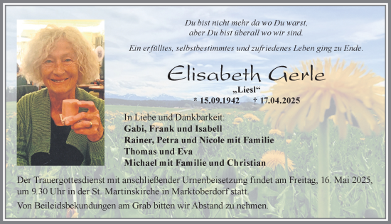 Traueranzeige von Elisabeth Gerle von Allgäuer Zeitung, Marktoberdorf